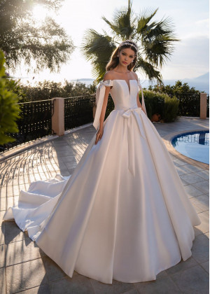 Off Shoulder Ivory Satin Wedding Dress With Bow